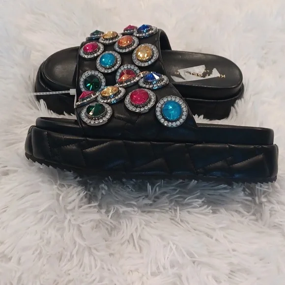 Kurt Geiger Rainbow Rhinestone Gem Crystal Leather Quilted Slip On Sandal New - Picture 3 of 15